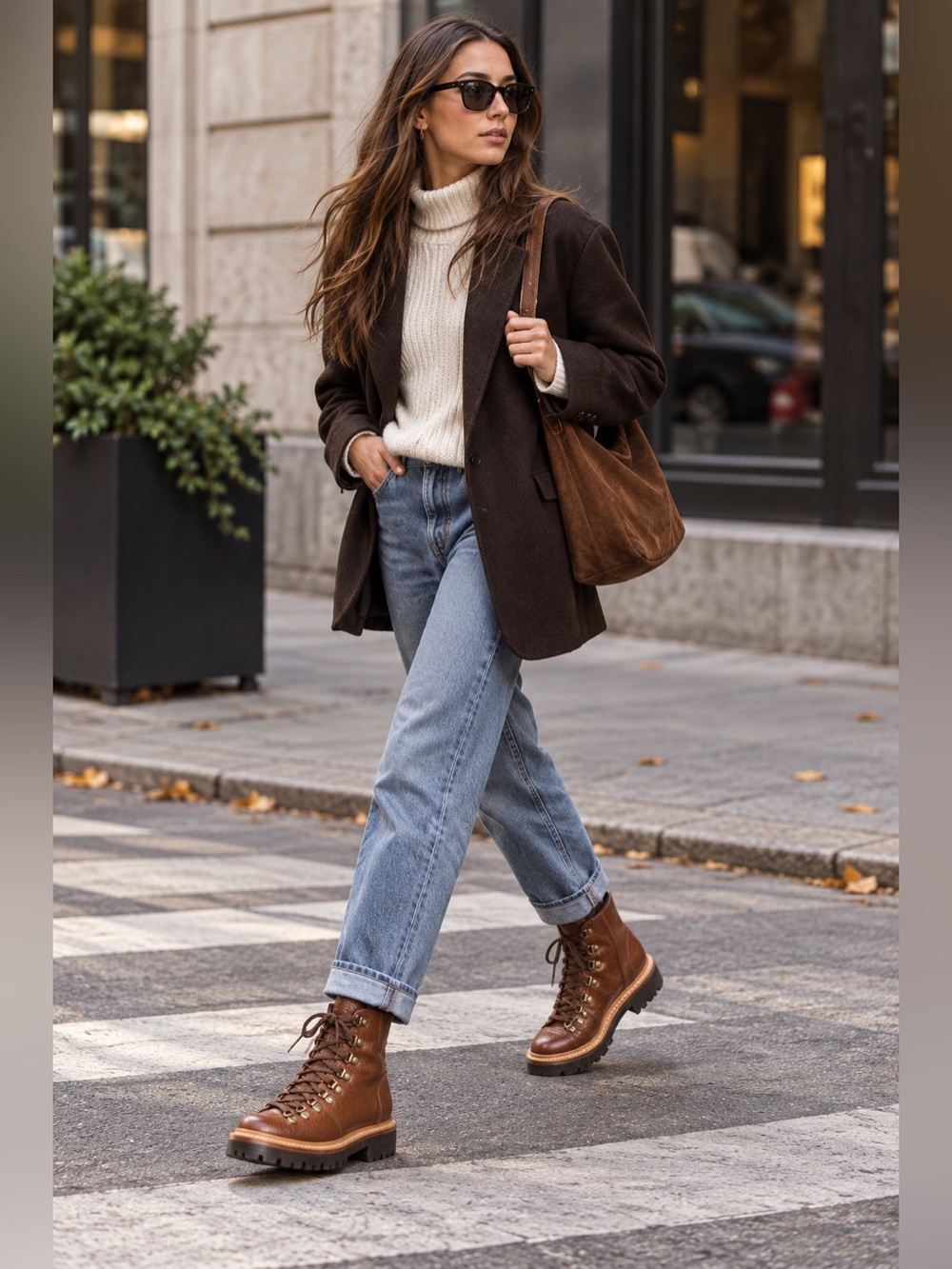 Grenson Nanette Shearling Lined Pebbled Leather Combat Boots Brown Women's